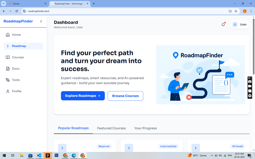 RoadmapFinder interface showing learning paths